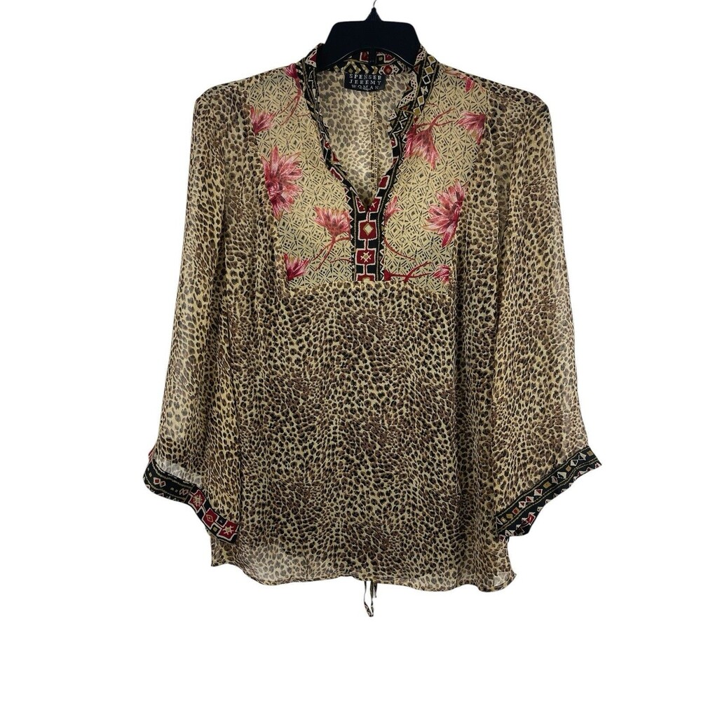 VTG Leopard Floral 100% Silk Sheer 2 Piece Long Sleeve Tunic Blouse Top 1X NOS